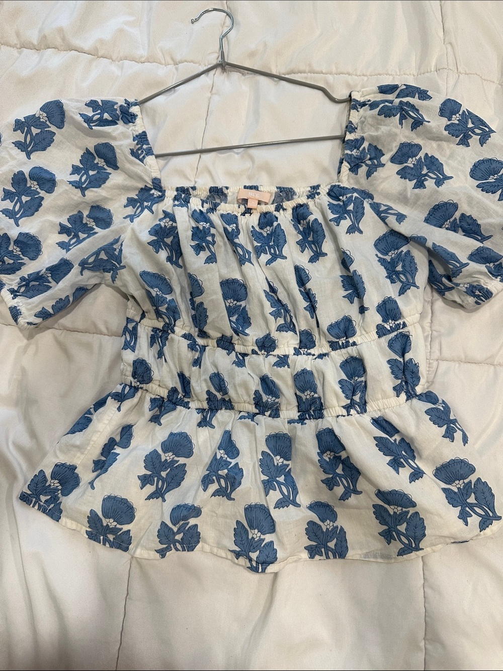 MEC White Blouse with Blue Floral Print and Puff Sleeves